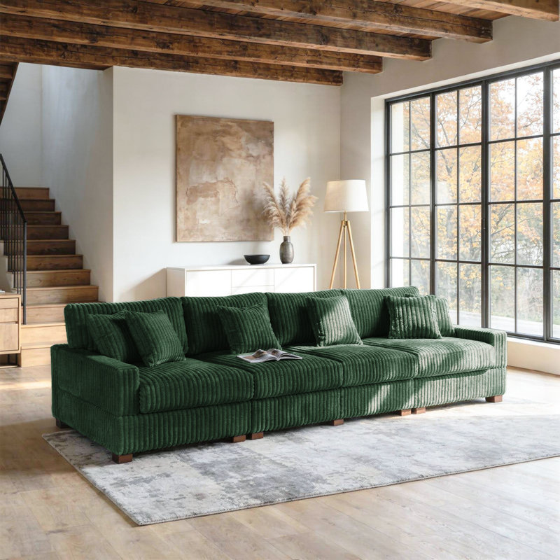 4 - Piece Upholstered Green Faux Rabbit Fur Flannel Modular Sectional Sofa with Armrests & Throw Pillows, Green