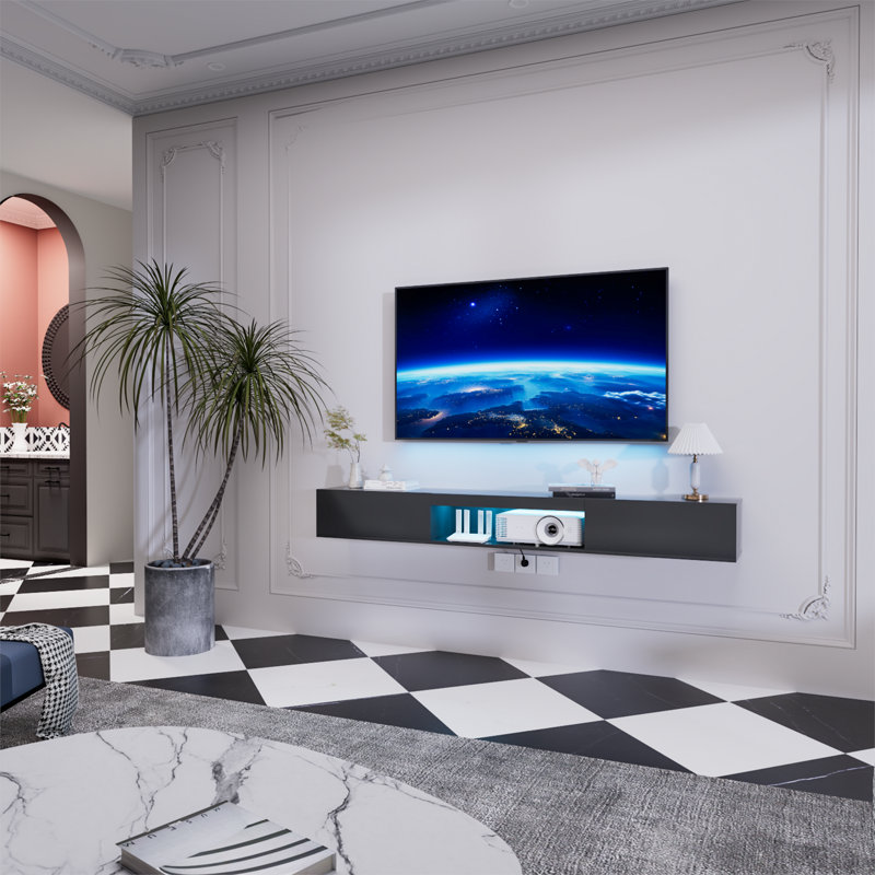 Meuble télé flottant fixé au mur avec 16 DEL de couleur, meuble télé moderne de 63 po, Noir