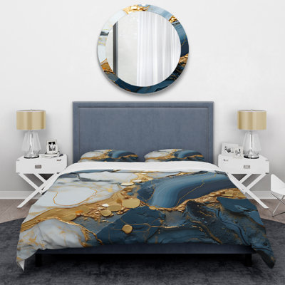 Or et bleu Geode Art V - Ensemble de housse de couette à encre liquide abstraite