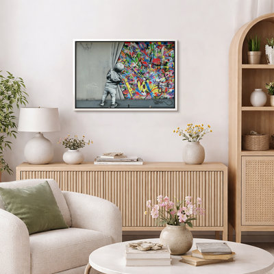 Pop Urban Street "Banksy British Artist Kid Spray Paint Curtain Artwork, Vibrant Illusion Colorful Wall Pictures, Large Framed Canvas Giclee Print Wall Art"