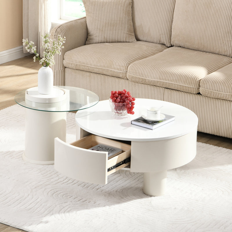 Table basse ronde en plastique blanc pour le salon, 2 tables avec grand tiroir de rangement, optimisation de l'espace de conception imbriquée, philosophie moderne, qualité de fabrication, polyvalente dans divers espaces, rapide et simple