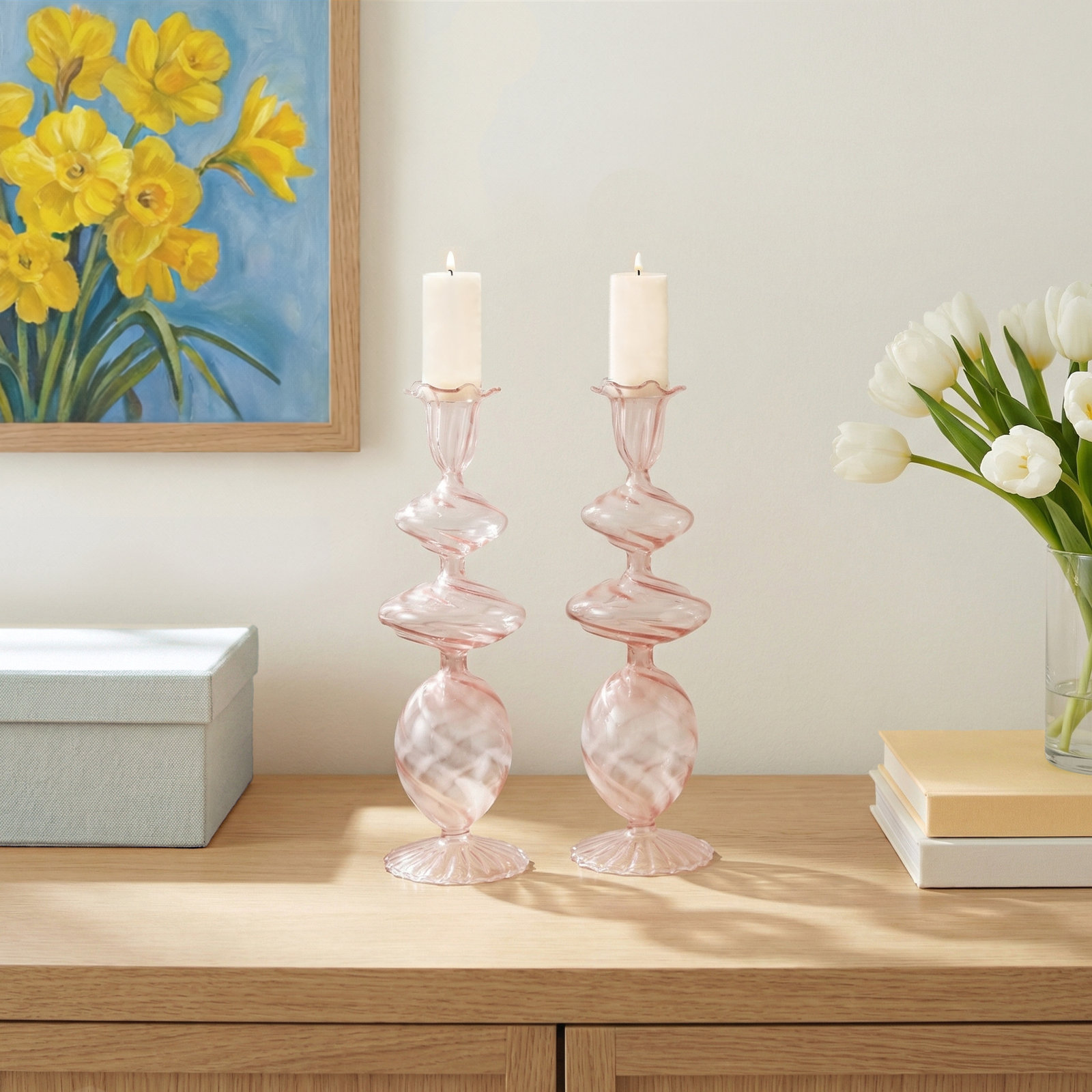 Pink Swirl Candlestick, Pink, Set of 2