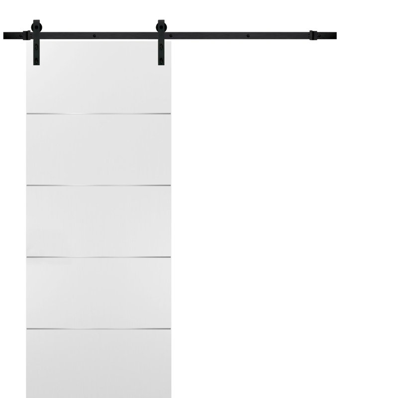 Porte de grange coulissante avec quincaillerie | Planum 0020 soie blanche | Ensemble robuste de cintres 6,6 pi | Portes intérieures modernes à panneau solide - 42 po x 84 po - Rail noir