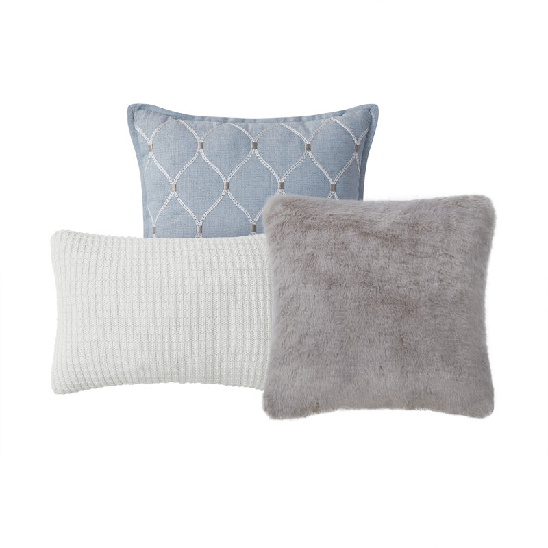 Blue and Taupe Embroidered Faux Fur Pillow Set