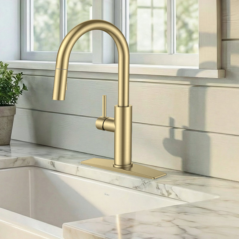 Robinet de cuisine avec douchette extractible, Doré, Sans distributeur de savon