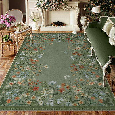  Tapis lavable vintage rétro avec envers antidérapant, tapis vert à poils courts pour le salon, la chambre à coucher et la salle à manger