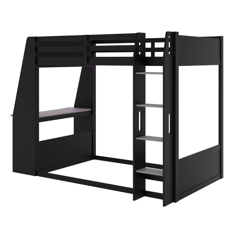 Lit superposé multifonctionnel avec bureau, rangement, ports USB et lumières DEL, noir + gris
