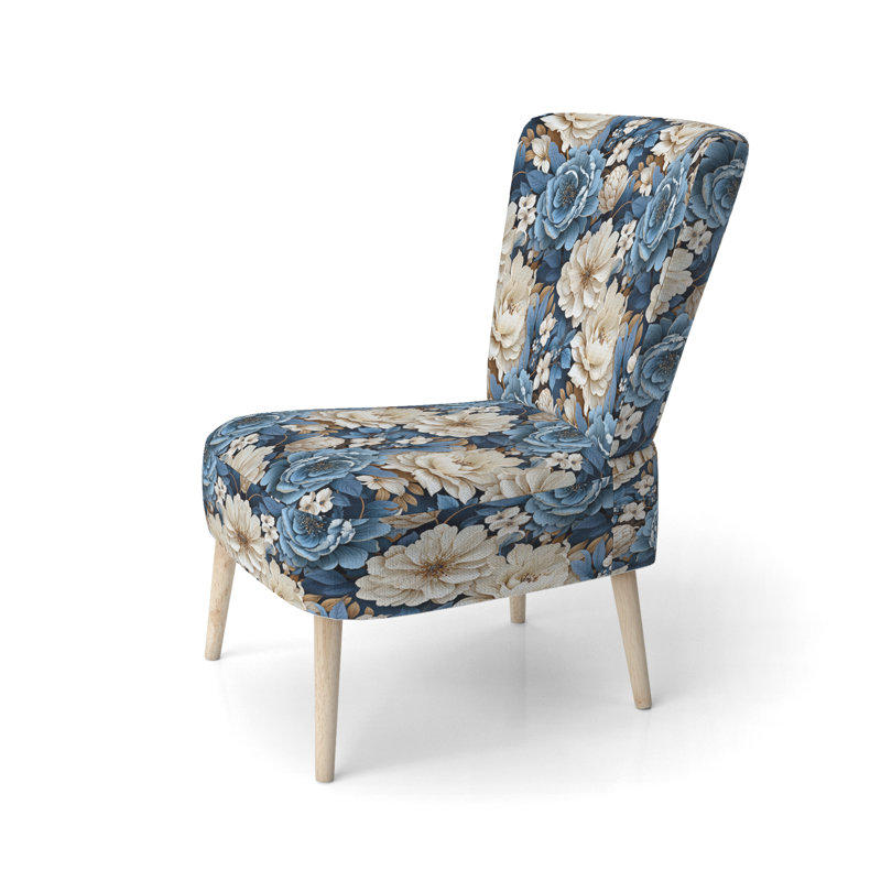 Chaise d'appoint rembourrée bleue et blanche avec motif floral bleu et blanc