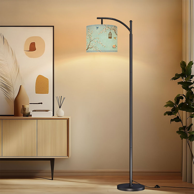 Arc Floor Lamp Blossoming Cherry Trees Birds Birdcage Soft Blue Standing Light with Adjustable Lampshade 3 Color Dimmable Tall Lamp with Remote Control for Living Room Bedroom