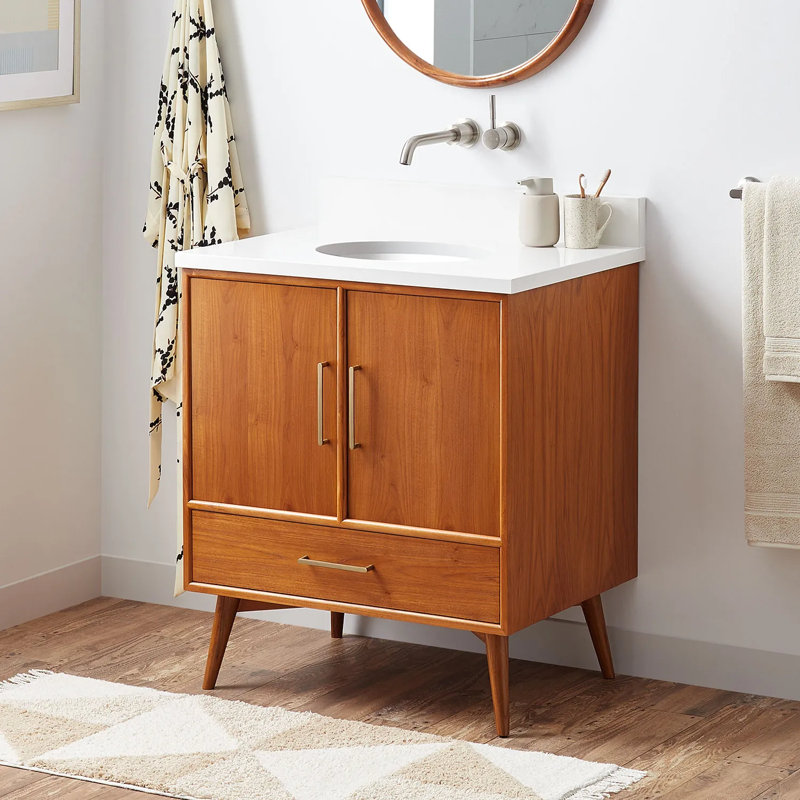 Ensemble de meuble-lavabo simple 30 po avec lavabo encastré ovale Novak, Quartz blanc arctique, Teck naturel, 8 po