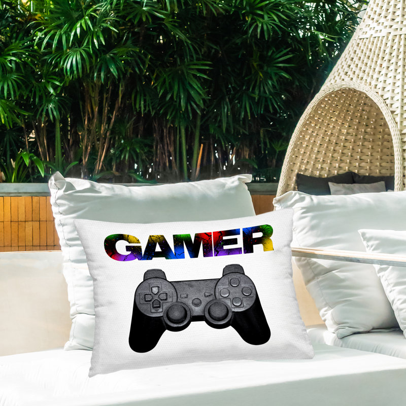 Coussin d'extérieur imprimé Gamer with Rainbow Splatter, par Marcus Prime