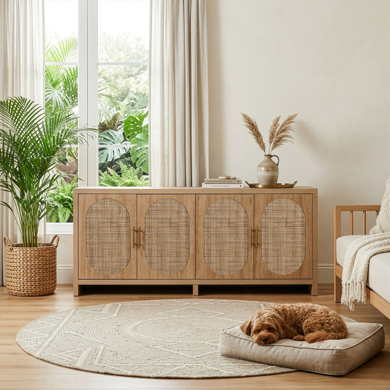 Buffet en chêne 70 po avec rotin véritable et 4 portes