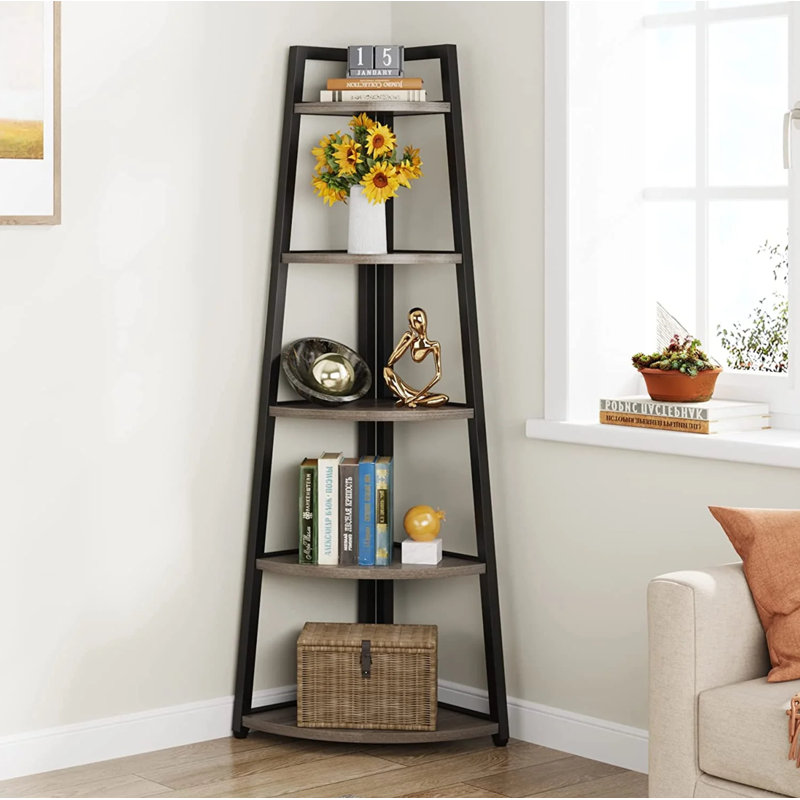 70.07" Tall Corner Shelf, 5 Tier Rustic Corner Bookshelf Bookcase Industrial Corner Ladder Shelf Plant Stand For Living Room, Kitchen, Home Office