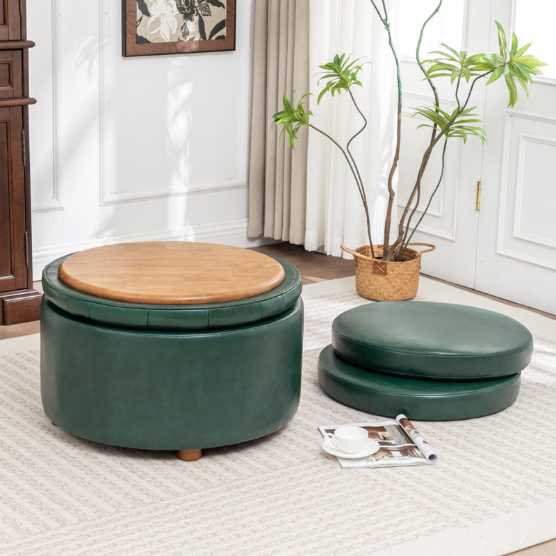 27.5‘’ Wide Genuine Leather Storage Ottoman With Two Floor Cushion, Green