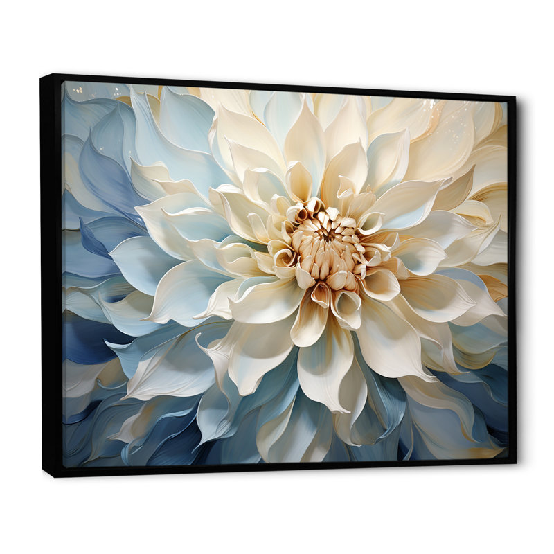 Blanc et bleu fleur de dahlia minimalisme - art mural dahlia, H 24 po x l 32 po x P 1 po, Cadre flottant noir