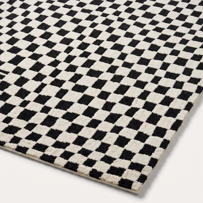 Tapis moderne à carreaux géométrique ondulé noir et crème (2,6 pi x 4,9 pi)