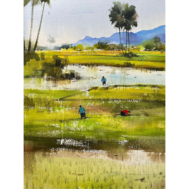 Les fermiers sur le terrain | Aquarelle sur papier | Par Santu Naskar