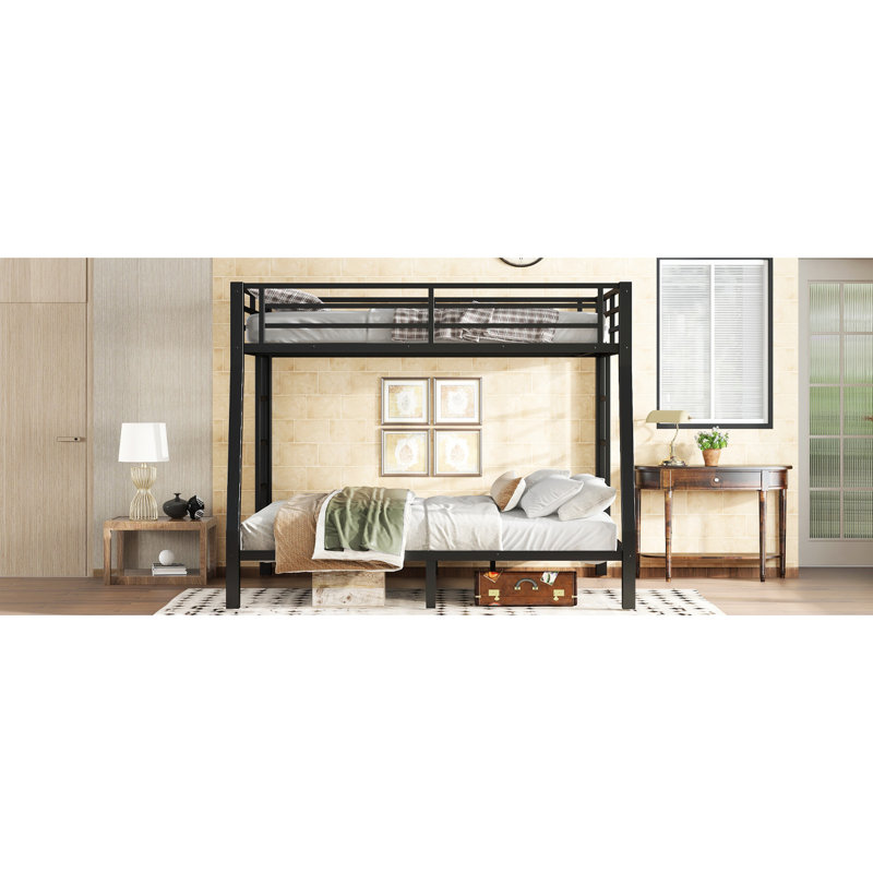 Metal Full Xl Over Queen Bunk Bed For Teens, Solid Structure, Under Storage, Guardrail, Slats Support