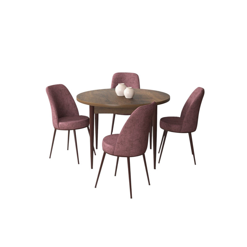 Ensemble de table et chaises de salle à manger moderne 5 pièces, couleur baroque et rose cendré | Table 35,4 po x 29,5 po x 35,4 po | Pieds en métal et chaises en tissu Jerry | Panneau de particules 100% enduit de mélamine | Confortable dossier 22 en mousse et siège 28 en mousse