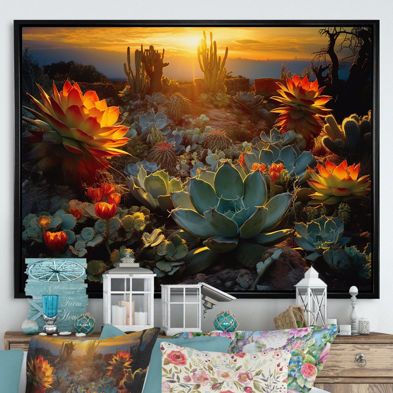 Succulent Desert Cactus Field Burning Sunset - Succulent Wall Art, H 30 po x l 40 po, Reproduction avec cadre flottant, Noir