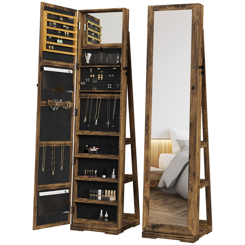 HOMCOM 360° Swivel Jewellery Cabinet Free Standing Mirror Rustic Brown