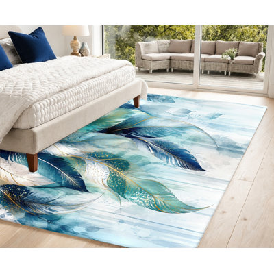Tapis à motif de plumes abstraites, bleu sarcelle et or, effet aquarelle, design artistique, antidérapant, décoration intérieure élégante pour salon, chambre, entrée, cuisine, balcon