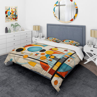 Orange Blue Mid Century Graphic Geometrics - Abstract Duvet Cover Set - Microfiber Polyester