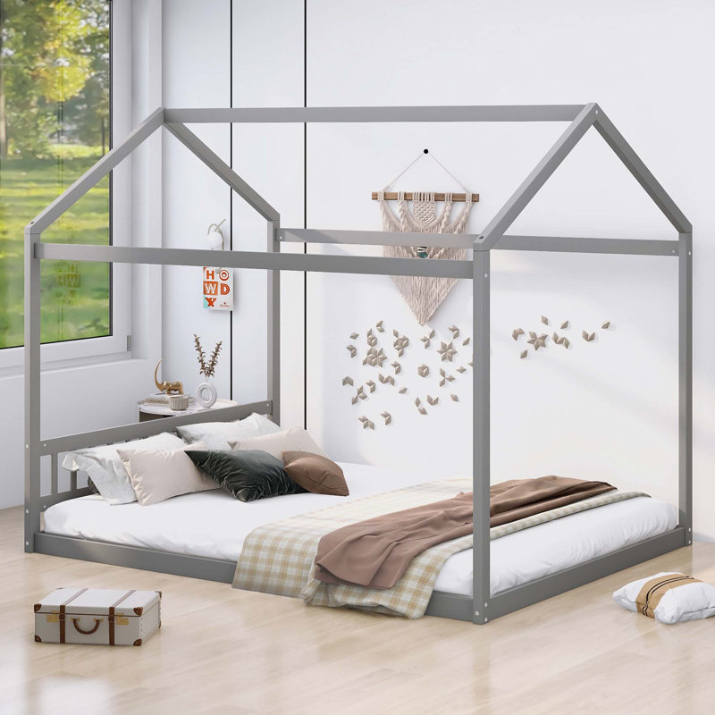 Queen Size Wooden House Bed With Headboard, Grey