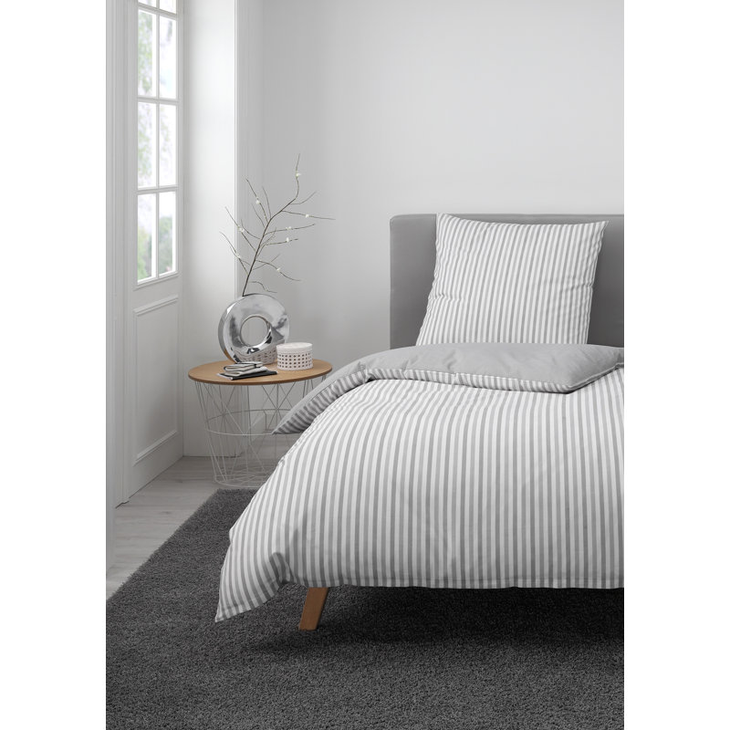 Herringbone Reversible Duvet Cover Set, Grey/White, Double - 2 Pillowcases (80 x 80 cm)