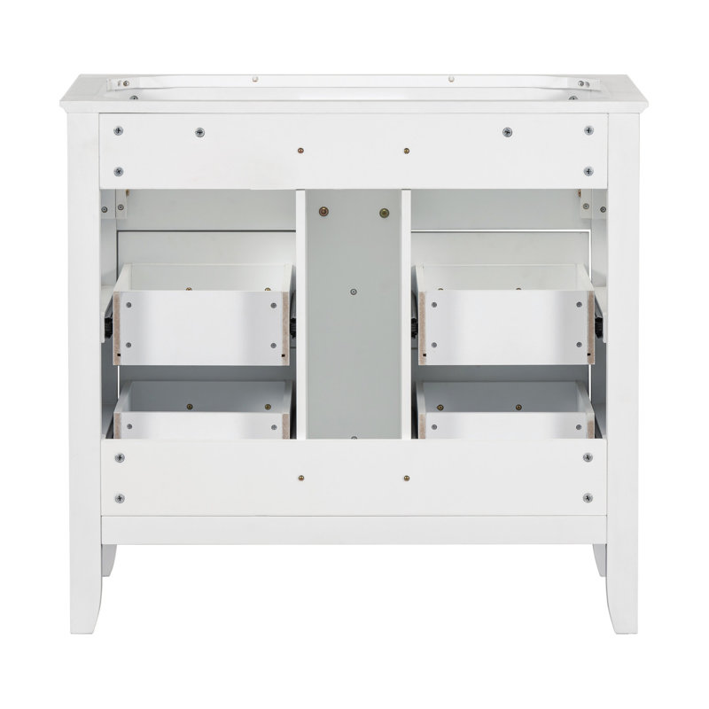 Meuble-lavabo 36 po - 4 tiroirs, en bois massif et blanc pur, avec cadre autoportant et armoire moderne