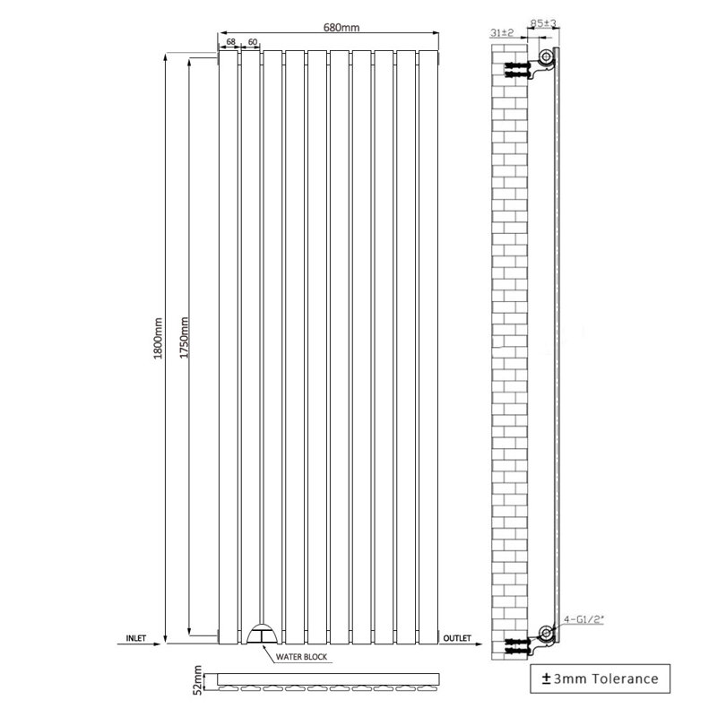 Shonnard Vertical Single Flat Panel Radiator, Normal Black, 180cm H x 68cm W