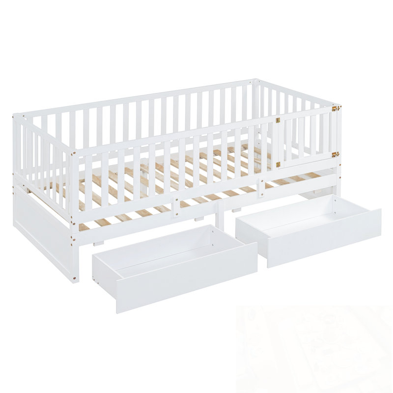 Lit simple en bois Joann avec garde-corps de clôture et 2 tiroirs, Blanc