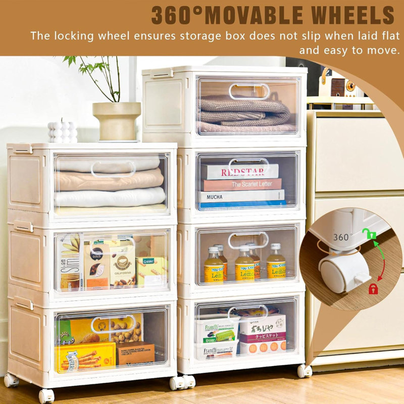 4 Tier Stackable Storage Bins, Storage Containers With Wheels Clear Plastic Storage Bins With 1 Lid, Large Collapsible Storage Box Multifunctional Stackable Storage Drawers For Home Office