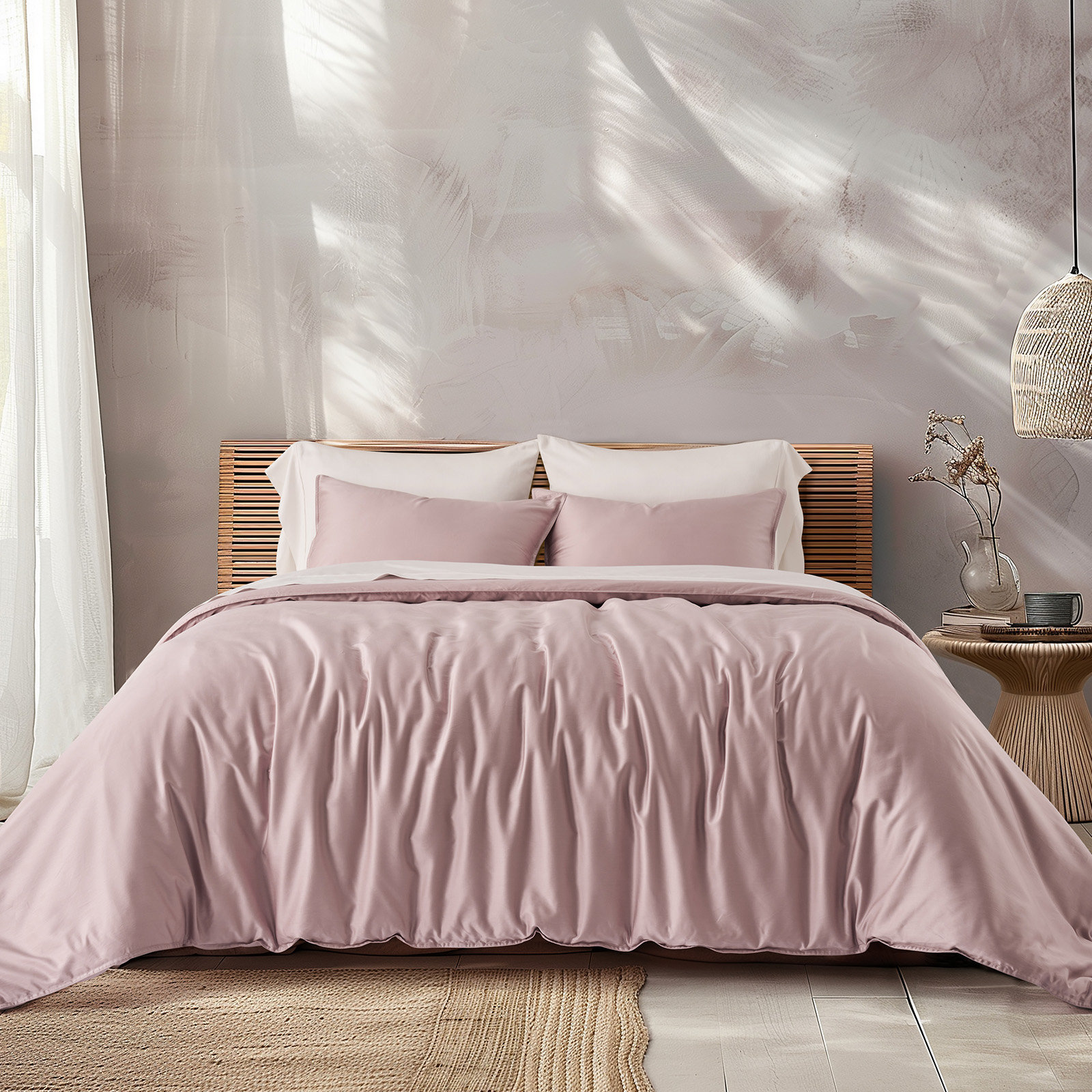 Cotton Tencel Duvet Cover Set, Queen Duvet Cover + 2 Queen Shams, Mauve Pink