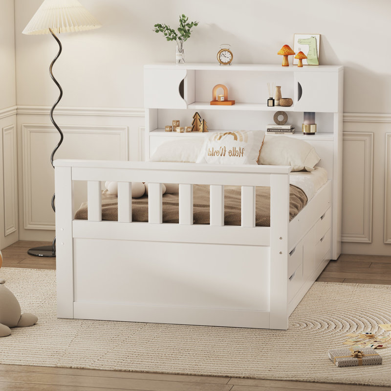 Base de lit plateforme avec bibliothèques de rangement, tablettes et tiroirs Captain, Blanc