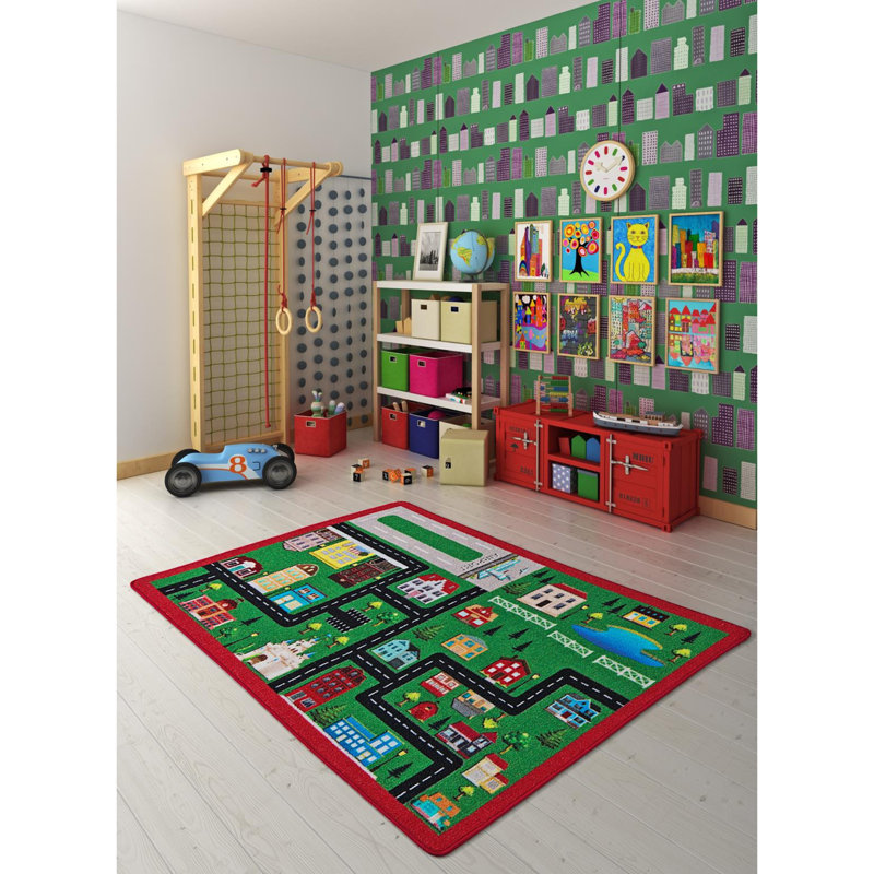 Tapis rectangulaire en polyamide touffeté à la machine Aron en vert / rouge / noir, Rectangle 3 pi 3 po x 4 pi 11 po