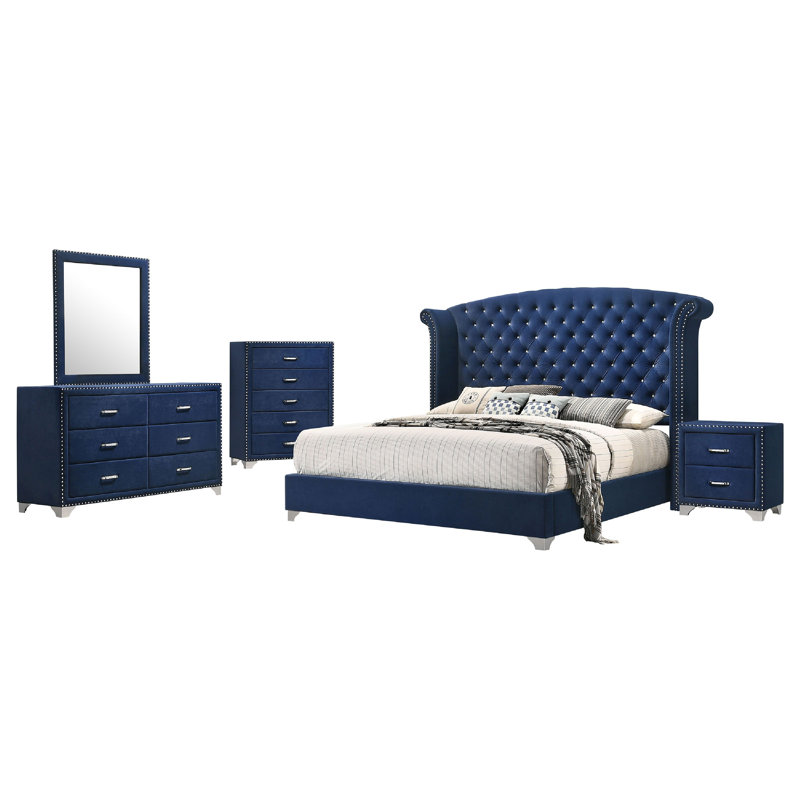 Ensemble de chambre à coucher 5 pièces Giya, Grand lit, Bleu pacifique, chrome