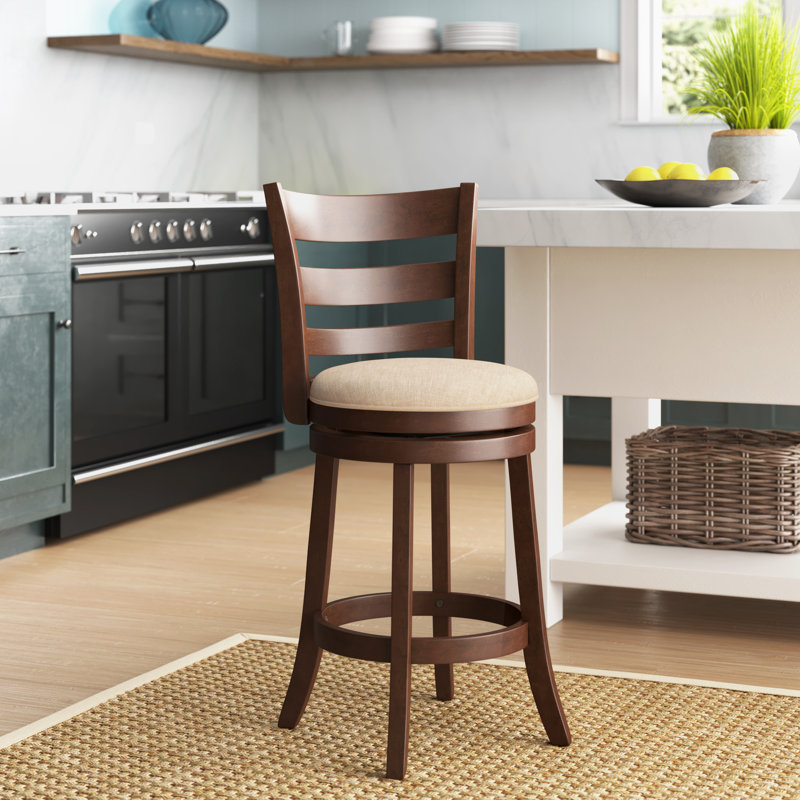 Adelynn Swivel Upholstered Counter Stool with Solid Wood Frame, Beige Linen, Dark Cherry, Counter Stool (24.37" Seat Height)