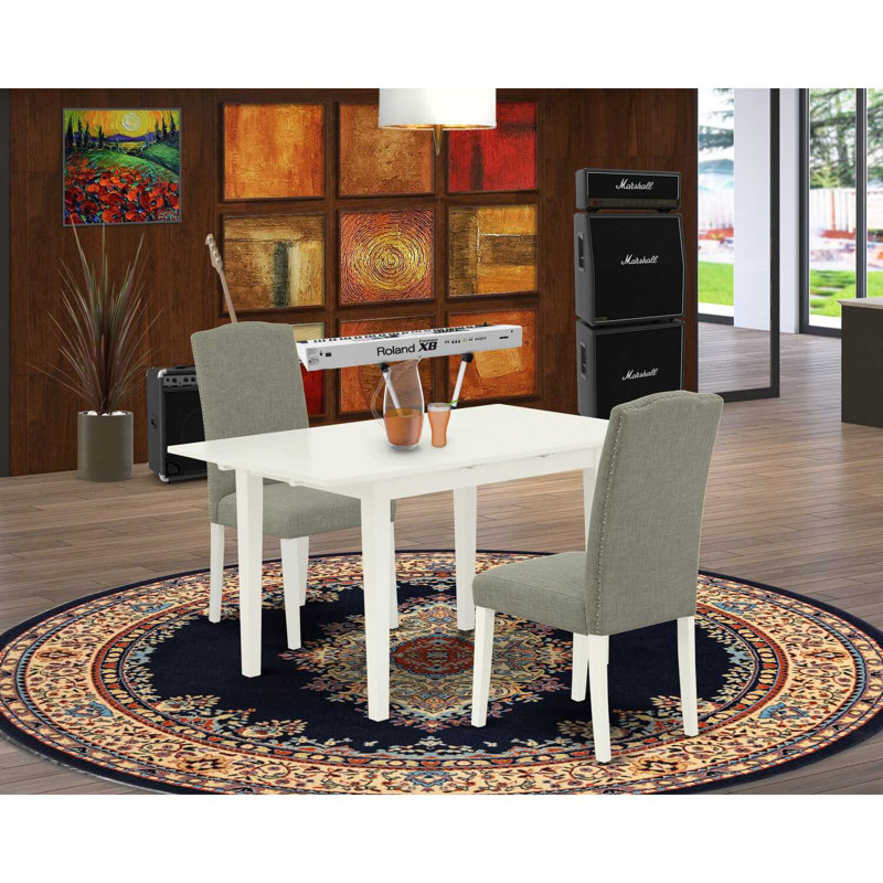 Ensemble de table de salle à manger rectangulaire en bois massif avec plateau papillon, Lin blanc, Gris / Blanc