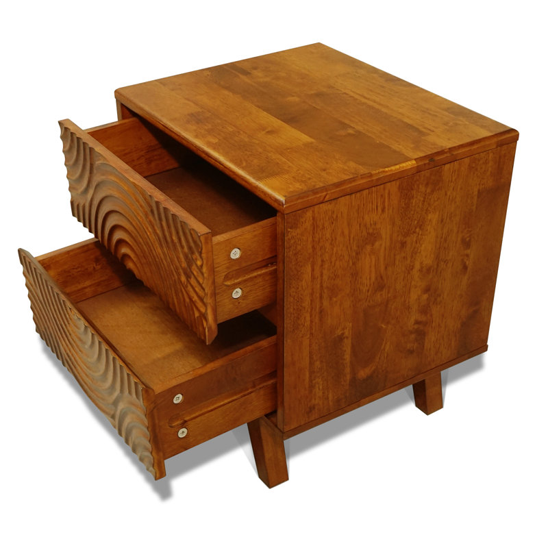 Solid Wood 2-Drawer Nightstand with Carved Front – Mid-Century Modern Bedside Table, Caramel