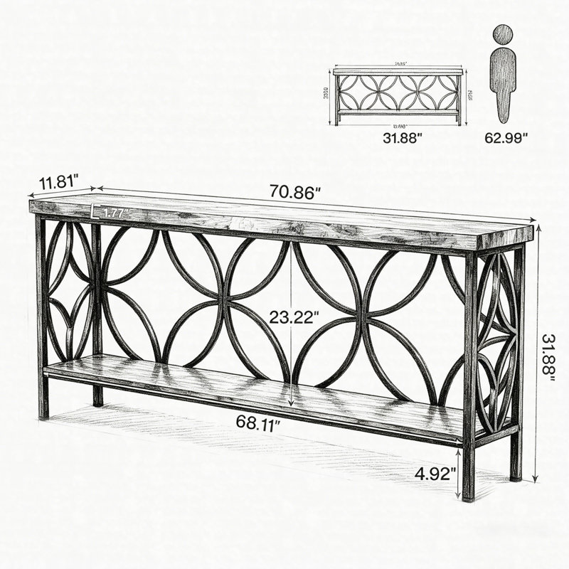 Table de canapé industrielle 70,9 po, console à 2 niveaux derrière le canapé, table de couloir d'entrée étroite, Brun, Brun