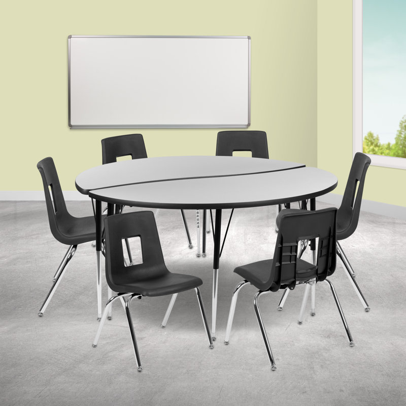 Goddard 47.5" Circle Wave Flexible Laminate Activity Table Set with 16" Student Stack Chairs, Grey/Black