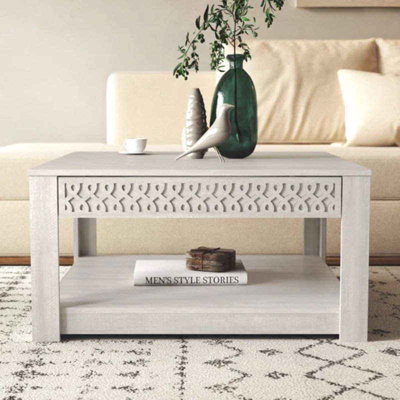 Brandarius 31.5" Rustic Cutout Drawer Square Coffee Table with Storage, Dusty Gray Oak