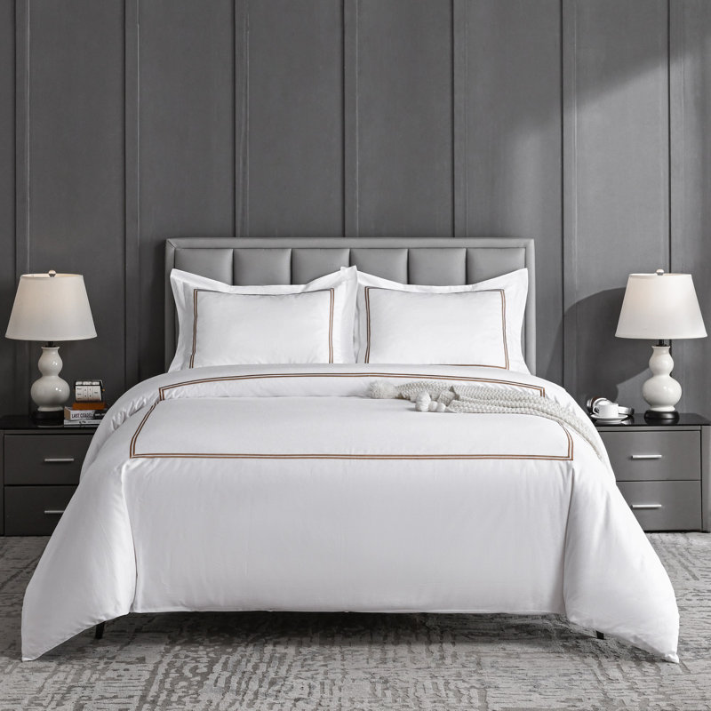 Ensemble de housse de couette en satin de coton 500 fils , Housse de couette pour grand lit et 2 taies décor