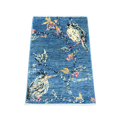 2 pi x 2 pi 10 po, bleu Yale, tissé dense, moineaux sur l'arbre, Peshawar, laine pure, velours doux, noué à la main, échantillon, tapis, tapis oriental