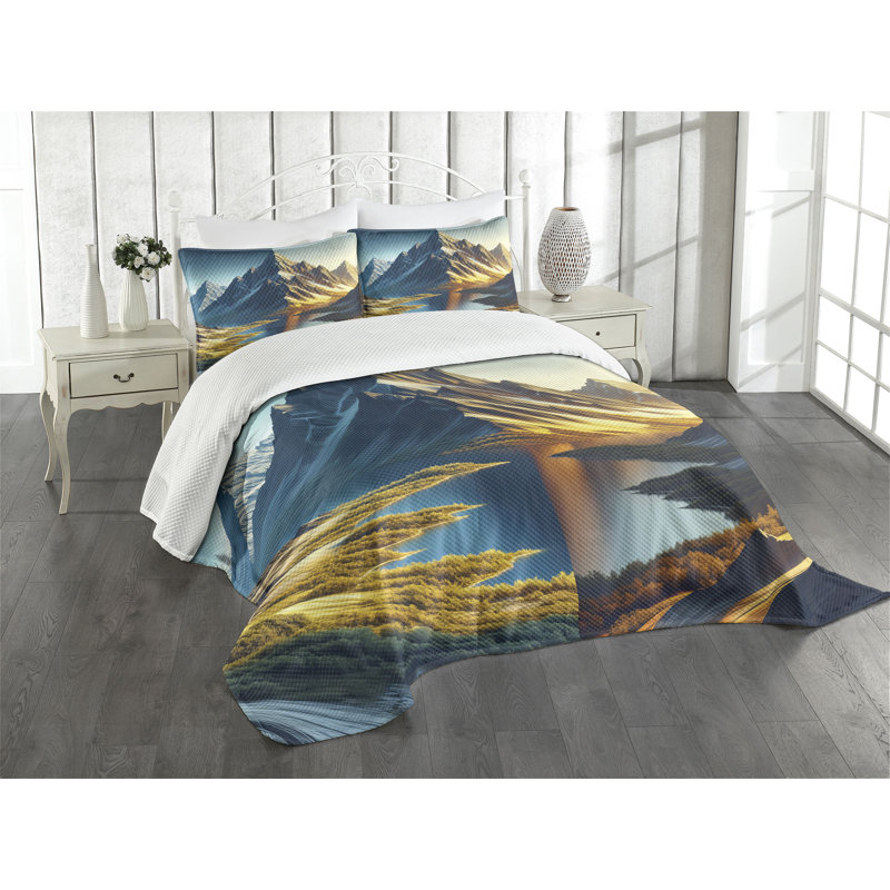 King Size Blue and Khaki Polyester Bedspread Set