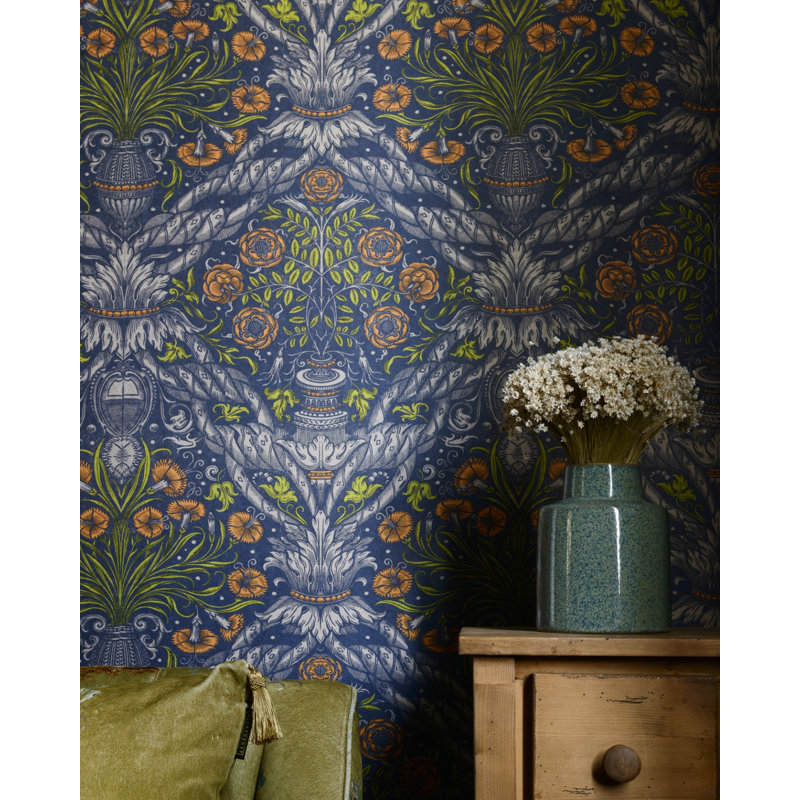 The Transylvanian Manor Floral Wallpaper Roll, Blue/Red/Taupe