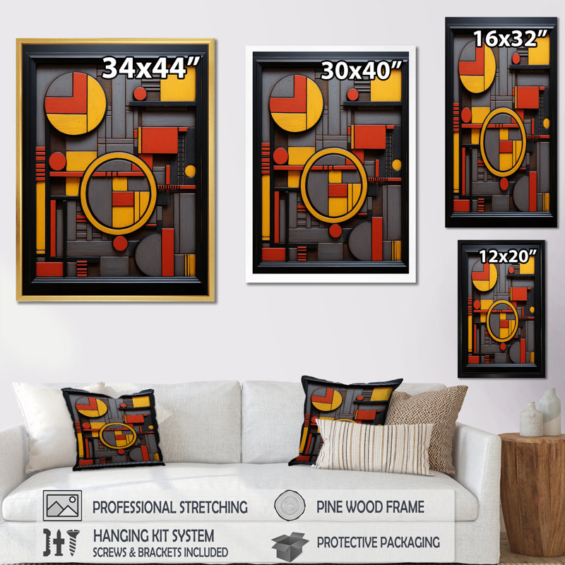 Rétro géométrie en jaune et rouge I - impression sur toile géométrique moderne, Cadre simple blanc