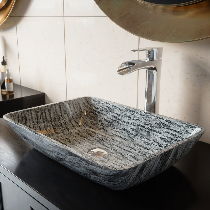 Onyx Rectangular Glass Vessel Bathroom Sink with 11" H Faucet, Chrome, Slate Grey