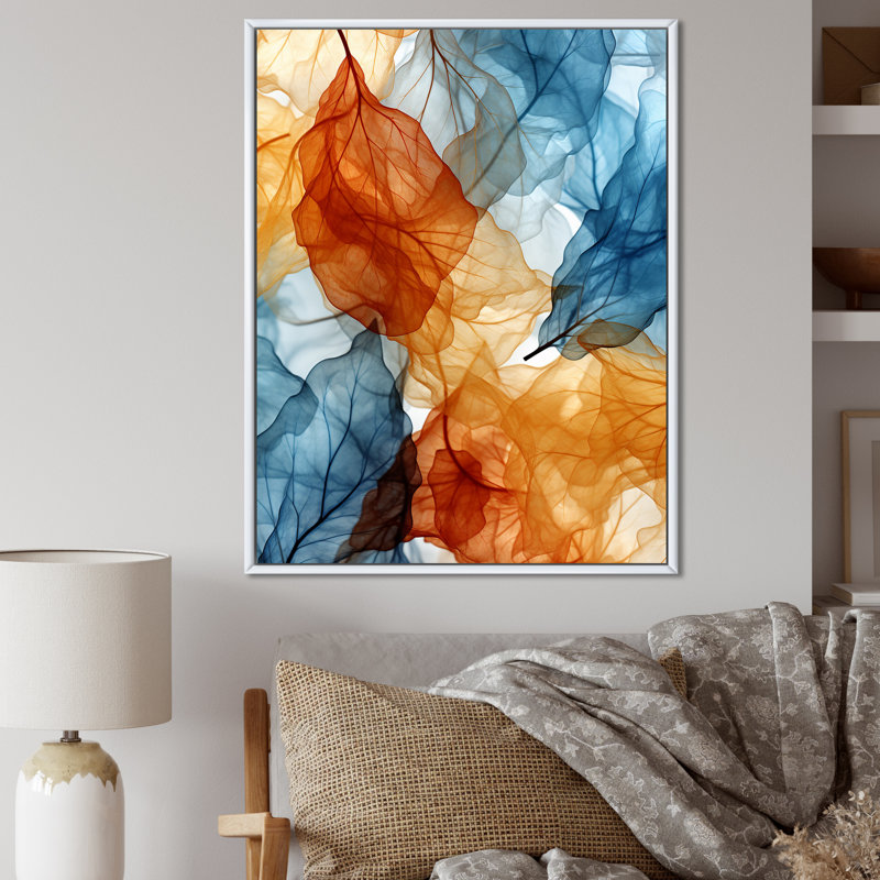 Rétro motif de feuille orange et bleu - formes abstraites, art mural, salon, H 32 po x l 24 po x P 1 po, Cadre flottant blanc